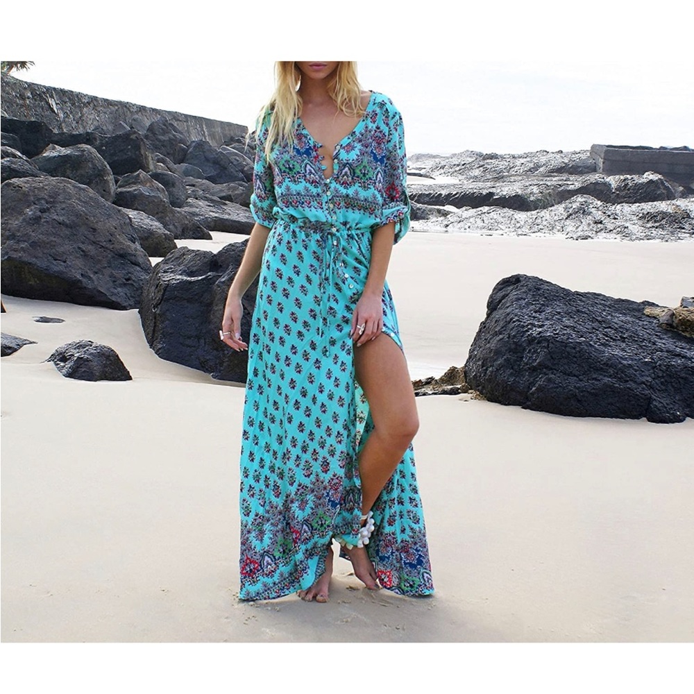 R.Vivimos Women's Summer Boho Button Up Floral Print Dress 2X XXL